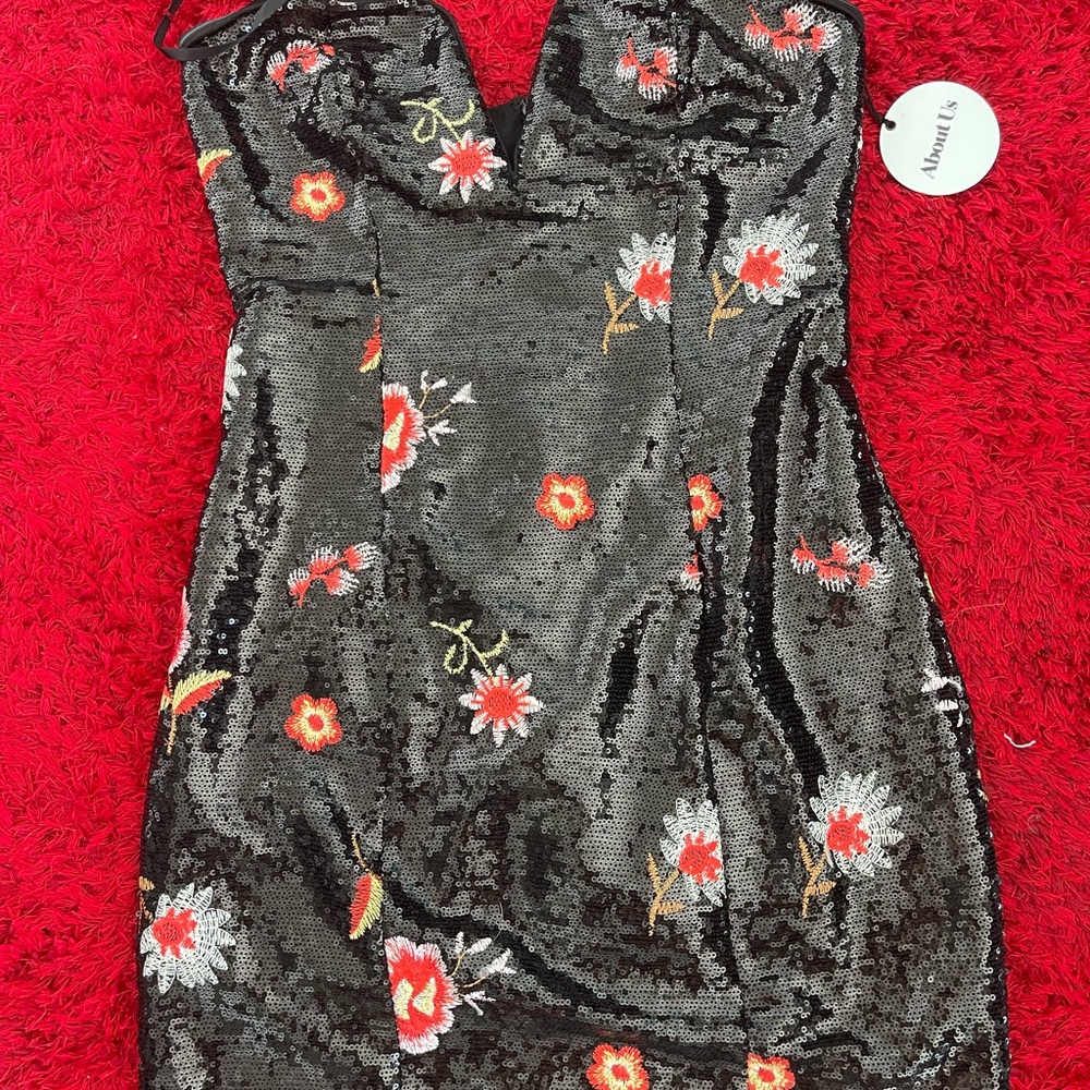 Party mini dress, black sequins embroidery.